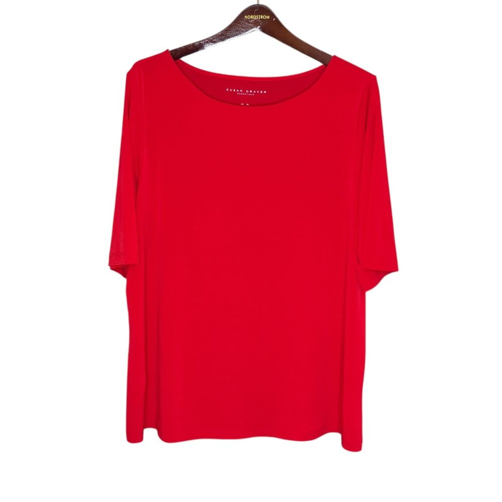 Susan Graver XL Essentials Red Liquid Knit Elbow Sleeve Bateau Neck Top A213063